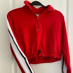 New With Tags Size S, Forever 21 Red, White And Black Cropped, Drawstring Waist Sporty Half 1/2 Zip, Terry Cloth Interior Perfect For Spring And Summer