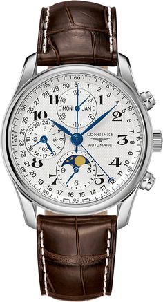 L2.673.4.78.3 | L26734783 NEW LONGINES MASTER COLLECTION MEN'S WATCH - Free Overnight Shipping - With Manufacturer Serial Numbers - Swiss Made - Barleycorn Silver Dial with Blued Hands - Arabic Numeral Hour Markers - Minute Markers Along the Outer Rim - Polished Stainless Steel Bezel - Day, Month and Date Features - Column-Wheel Chronograph Feature     Large Central Chronograph Seconds Hand     12 Hour Counter with Moon Phase Display Sub-Dial at 6 O'Clock     30 Minute Counter with Day & Month Display Sub-Dial at 12 O'Clock - Small Seconds Sub-Dial with 24 Hours Indicator at 9 O'Clock - 54 Hour Power Reserve - Self-winding Automatic Movement - Longines Caliber L687 - Vibrations Per Hour: 28,800 - Jewels: 25 - 3 Year Warranty - Guaranteed Authentic - Certificate of Authenticity - Manufactur Longines Master Collection, Brown Leather Strap Watch, Longines Watch, Skeleton Watches, Automatic Watches For Men, Classic Watches, Brown Leather Strap, Luxury Watches For Men, Patek Philippe