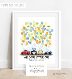 a poster with cars and balloons in the shape of a tree that says welcome little one