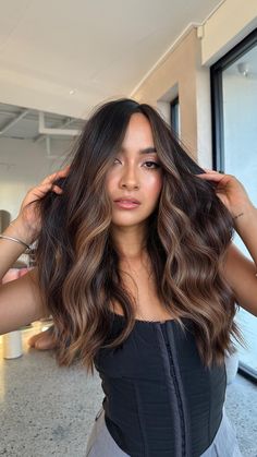 EdwardsAndCo Hair Salons (@_edwardsandco) • Instagram photos and videos Dark Root Brown Hair, Partial Balayage Dark Hair, Career Moodboard, Hair Poses, Rich Brunette Hair, Hair Color Chocolate, Brown Hair Looks, Brunette Hair With Highlights