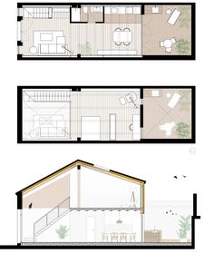 three different views of the floor plan for a small house with two rooms and one living area