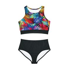 This full-coverage bikini swimwear set features a rainbow tropical pattern and solid bottom. It combines an athletic style with high-end comfort in a 4-way stretch fabric blend (82% polyester, 18% spandex), delivering unmatched comfort for peak performance in the water. Each set comes with a padded bikini top and high-waisted bottom for timeless style. Available in Womens XS-XL, please see size chart in product images. Due to different screens and settings, colors may not look identical to what you see on your screen. Find all of our Swimwear items here:  https://etsy.me/3JnqkQB Visit the Yellow Pine Apparel shop here:  https://etsy.me/3HoIktx High Waist Swimsuit, Swimming Suit, Athletic Style, Apparel Shop, Swimwear Sets, Swimsuits High Waisted, High Waist Bottoms, Tropical Pattern, 4 Way Stretch Fabric