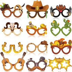 a set of six cowboy themed glasses with different shapes and sizes, including one for the eyeglasses