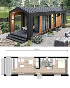 the plans for a tiny house are shown in two separate sections, one with a porch and