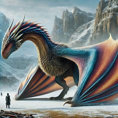 a large dragon standing on top of a snow covered ground next to a mountain range