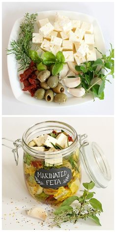 there are two pictures of different foods in the jar and on the plate, one is filled with feta cheese