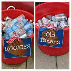 two red buckets filled with soda cans and cookies on top of each other next to an old timer's sign