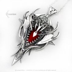 "AZELRIAH - Exclusive,  gothic, fantasy-style necklace. Fully handmade work (oxidizing and polished silver). Main base gem: Red Quartz 8Ct (1,6g). Sterling Silver chain (optional), length: 44 cm + 7 cm (Rolo) with a decorative clasp, adjustable. Material: silver (Sterling Silver, Fine Silver / 925, 999).  We use only high-quality silver. No \"German Silver\" - Our silver does not contain harmful nickel! Pendant length: 5,3 cm, width 3,3 cm. Necklace weight: 12,3g. Colour: Silver, Red. * * * * * Silver Gothic Necklaces For Fantasy Events, Gothic Wire Wrapped Pendant Jewelry, Gothic Heart Pendant Jewelry, Handmade Gothic Jewelry For Valentine's Day, Gothic Sterling Silver Wire Wrapped Jewelry, Gothic Pendant Jewelry For Valentine's Day, Gothic Jewelry For Valentine's Day Jewelry Making, Gothic Silver Wire Wrapped Necklace, Gothic Sterling Silver Necklace With Soldered Details