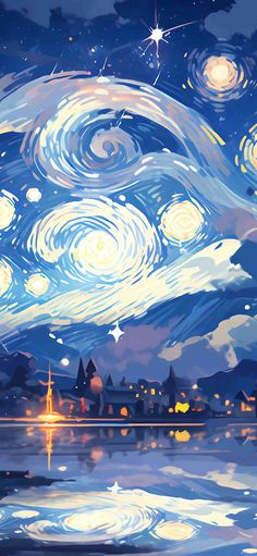 the night sky is filled with stars and clouds, as if they were painted in acrylic paint