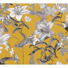 a yellow background with white flowers and birds