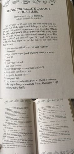 an open book with instructions on how to make chocolate caramels and other treats