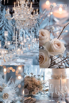 a collage of photos with candles, flowers and snowflakes on them in white