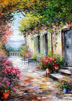 an oil painting of a bench and flowers on a cobblestone street with shutters