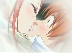 two anime characters kissing each other in front of a white background with red hair and black eyes