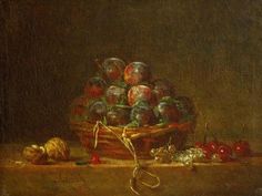 a painting of fruit and vegetables in a basket