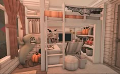 Small Pastel Bloxburg Houses, Roblox Bloxburg House Ideas Halloween, Bloxburg Autumn Interior Ideas, Aesthetic Fall Bloxburg House Exterior, Autumn House Interior Bloxburg, Cute Fall Bloxburg Bedrooms, Roblox Bloxburg House Ideas Fall, Fall Cottage Bloxburg House, Fall Bedroom Decor Bloxburg