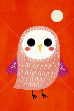 an owl with big eyes is standing in front of a red background and white dot