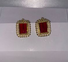 Stone weighs 5g There is 9.1g of 22ct asian gold Video of item available upon request. 13.1g total for both earrings. Brand new in perfect condition. Will be packaged in a brand new box. Have a look at the rest of my page to see other items that can match. Gold Ruby Earrings For Formal Occasions, Formal Gold Ruby Earrings, 22k Gold Bridal Earrings For Gift, Rectangular Yellow Gold-plated Earrings, Yellow Gold Plated Rectangular Earrings, Rectangular Yellow Gold Plated Earrings, Gold Ruby Bridal Earrings For Formal Occasions, Traditional Red Clip-on Earrings, Gold Ruby Earrings, Pierced