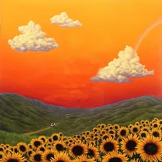 a painting of sunflowers in a field with a rainbow in the sky