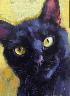 a painting of a black cat with yellow eyes and a butterfly on it's head