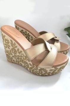 Formal Wedges, Trendy Heels, Wedges Shoes, Floral Cross, Faux Leather Heels, Cute Heels, Leather Wedges, Cream And Gold