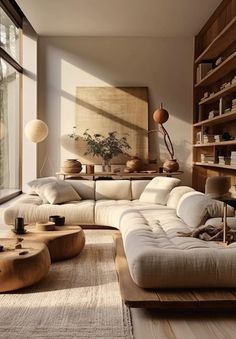 a living room filled with lots of furniture next to a large window and bookshelf