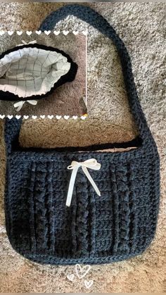 a crocheted purse with a white bow on the side and a black handle