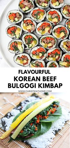 several different types of sushi rolls on a white plate with text overlay that reads flavorful korean beef bulgoi kimbap