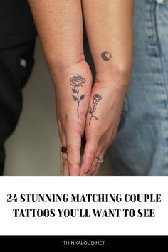 two people holding hands with tattoos on their arms and the words, 24 stunning matching couple tattoos you'll want to see