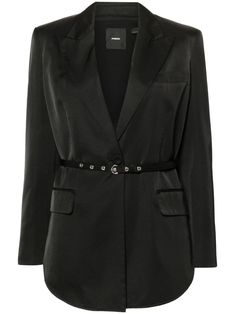 black satin finish peak lapels shoulder pads long sleeves pierced slitted cuffs chest welt pocket two front flap pockets rear curved hem front button fastening detachable and adjustable waist belt Blazer Black, Breasted Blazer, Black Blazers, Outerwear Women, Waist Belt, Black Satin, Lawyer, Flap Pocket, Satin Finish