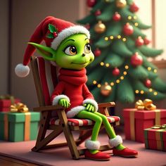 a cartoon character sitting in a chair next to a christmas tree