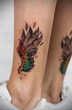 two tattoos on the legs of people with colorful feathers and watercolors in them