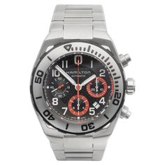 Hamilton Khaki Navy Sub Auto Chronograph men's wristwatch. Reference Nr. H787160 Made in Switzerland. The watch features 30 minute counter at 3 o'clock, Date between 4 and 5, 12 hour counter at 6 o'clock and the sub-second dial is at 9 o'clock. Gender: Men Case Size: 42 mm ( Without a crown ) Dial colour: Grey with black and orange accents Movement: Automatic Unidirectional bezel Numerals: Arabic Watchband Material: Stainless steel Water resistant: 30 BAR/435 Psi Caliber : H - 31 Case material: Marine Chronometer, Hamilton Khaki, Hamilton Watch, Men In Black, Orange Accents, Watch Lover, 3 O Clock, Interstellar, The Martian