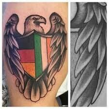 two different tattoos with eagle and flag on them