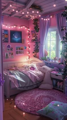 a bedroom decorated in pink and purple with lights on the ceiling, rugs and bedding