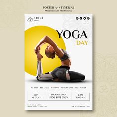 a yoga flyer with a woman doing the splits