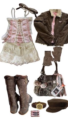 an assortment of clothing and accessories including boots