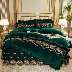 a bed with green comforter and pillows on top of white carpeted flooring