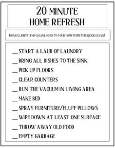 the 20 minute home refresh list with instructions for how to clean and use it