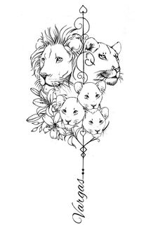 a drawing of two lions with flowers on their head and the word love written in cursive writing