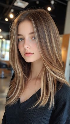 Long Dark Blonde Hair With Highlights, Dark Brown With Blonde Highlights, Dark Brown With Blonde, Brown With Blonde, Blonde Highlights On Dark Hair, Butterfly Haircut, Brown With Blonde Highlights, Blonde Haircuts, Long Face Hairstyles