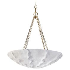 a white marble bowl hanging from a chain on a hook, isolated against a white background