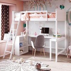 a child's bedroom with bunk beds, desk and chair