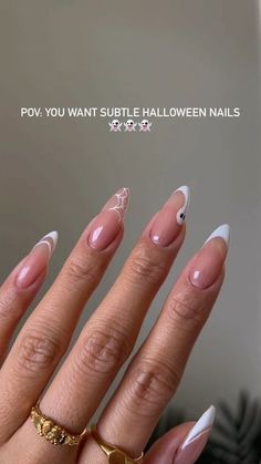 Trendy Nails 2023 Almond Nail Ideas Halloween, Cute Fall Nails Halloween, Spooky Halloween Nails French Tip, Almond Shape Nails Halloween, Neutral Nails Halloween, Halloween Almond Nails Design Simple, Simple White Halloween Nails, October Nail Designs Almond, Simple Neutral Halloween Nails