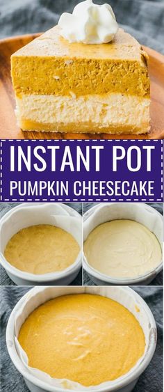 pumpkin cheesecake with whipped cream on top and the words instant pot pumpkin cheesecake