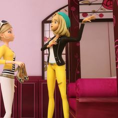 two animated women standing next to each other in front of a pink room with purple walls