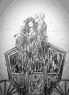 a drawing of two people sitting on top of a wooden structure