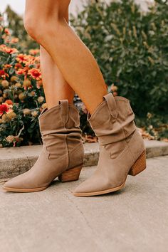 - These boots run more true to size - Heel Height: 2 1/4 inches - Boot Height: 10 inches - Calf Width: 14 inches Beige High Ankle Boots For Fall, Beige Ankle Moto Boots For Fall, Khaki Round Toe Boots For Fall, Khaki Ankle-high Boots For Spring, Taupe Suede Boots For Fall, Khaki Suede Winter Boots, Taupe Ankle Boots For Fall, Khaki Suede Boots For Winter, Taupe Ankle-high Boots With Medium Width