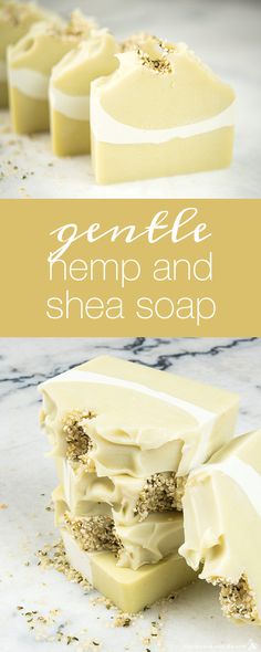 some kind of soap that is sitting on a counter with the words gentle hemp and shea