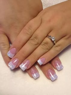 Oval French Glitter Nails, French Nails Powder Dip, Cute Nail Ideas For Spring French Tip, Pink And White French Dip Powder Nails, Painted Nail Tips, Pink And White Dip Powder Nails, Wedding Nails And Toes, Sparkly White French Tip Nails, White French Nails Ideas